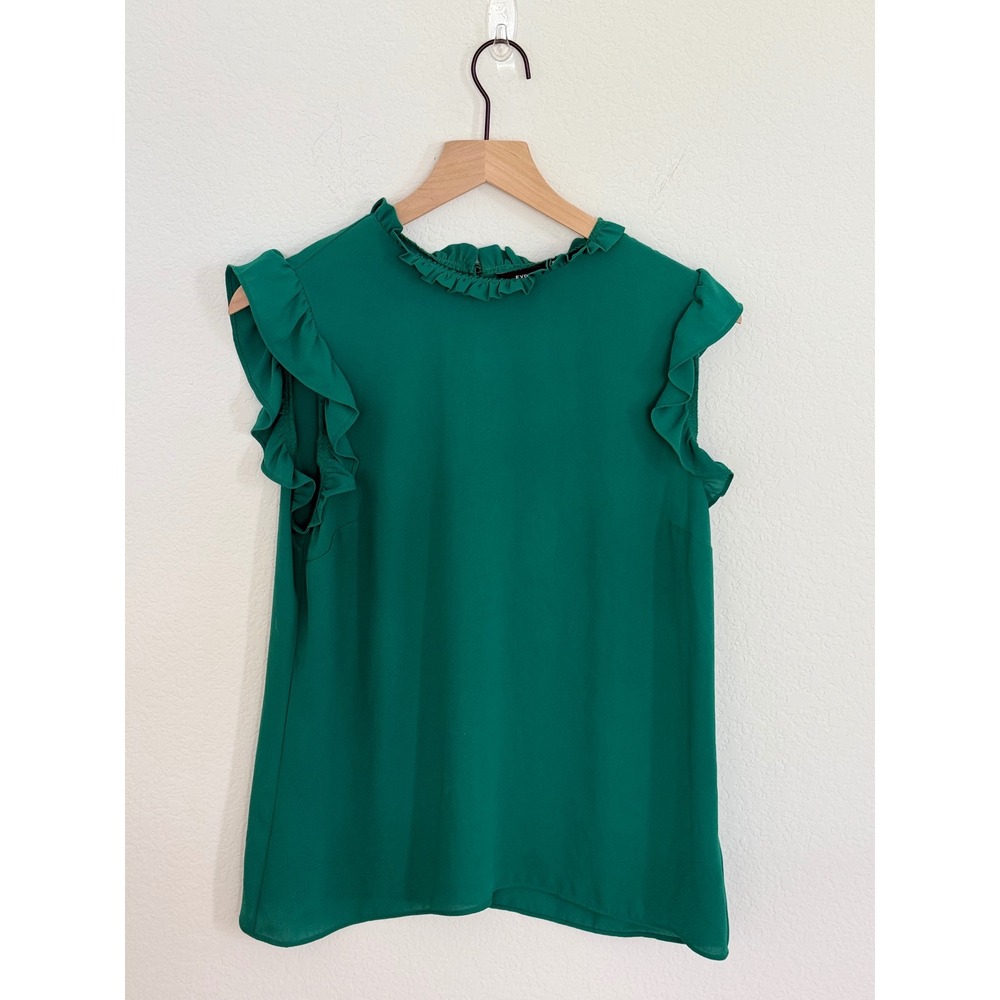 Express Womens Emerald Green Ruffle High Neck Cap Sleeve Blouse Medium